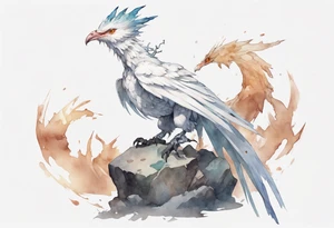 a white bird-wyvern hybrid, wearing a plain iron crown, perched on a stone tattoo idea