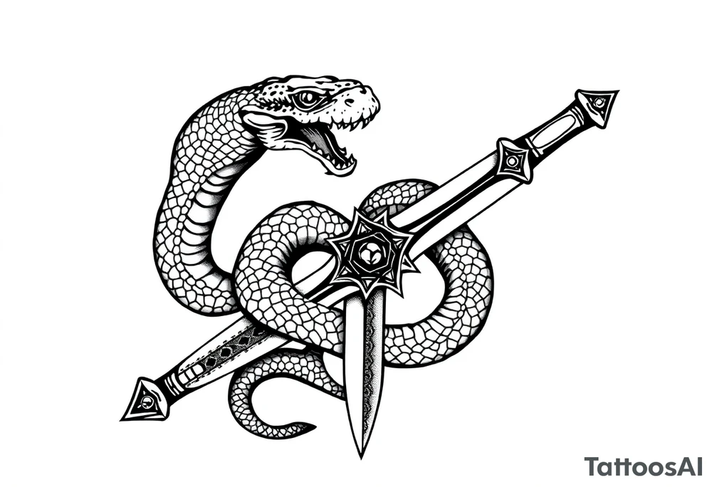 mystical snake coiled around an ancient dagger with jeweled hilt tattoo idea