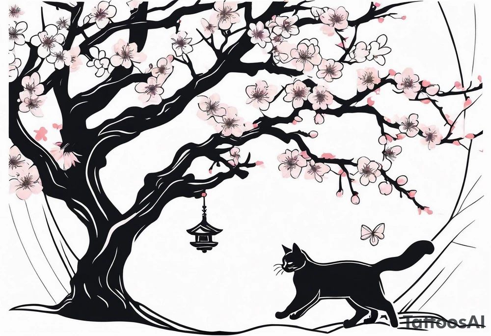 elongated cherry blossom branch meeting with a dying pine tree with hidden cute demon cat tattoo idea