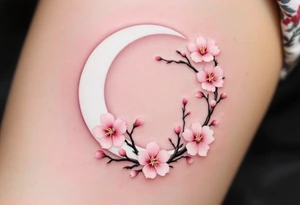 Cherry Blossom & Moon – A circular tattoo with a white crescent moon framed by a curved cherry blossom branch. Blossoms are in light pink and blush tones with soft shadows. tattoo idea