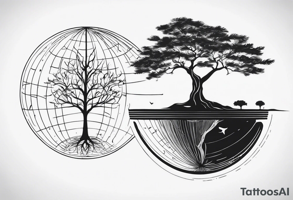 minimalistic, fine line tattoo, showing the roots of a tree but instead of the actual tree a globe grows out of the stem, symbolizing the love for traveling and experiencing the world and new cultures but not forgetting about the roots of family and friends who I am very grateful for tattoo idea