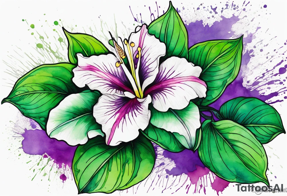 An outline of an only green rio dipladenia flower and a green and purple watercolor splash in the background tattoo idea
