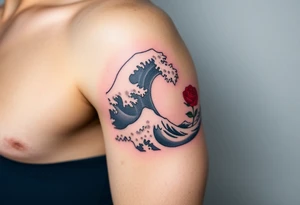 The Great Wave off Kanagawa With a red rose with a stem on the side of the wave tattoo idea