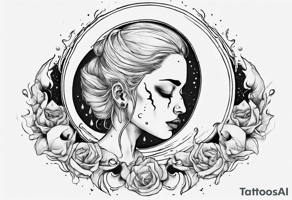 crescent moon with crying woman. she's crying tears of blood. her face is part of the moon tattoo idea