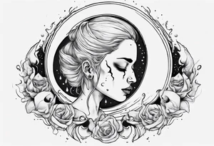 crescent moon with crying woman. she's crying tears of blood. her face is part of the moon tattoo idea
