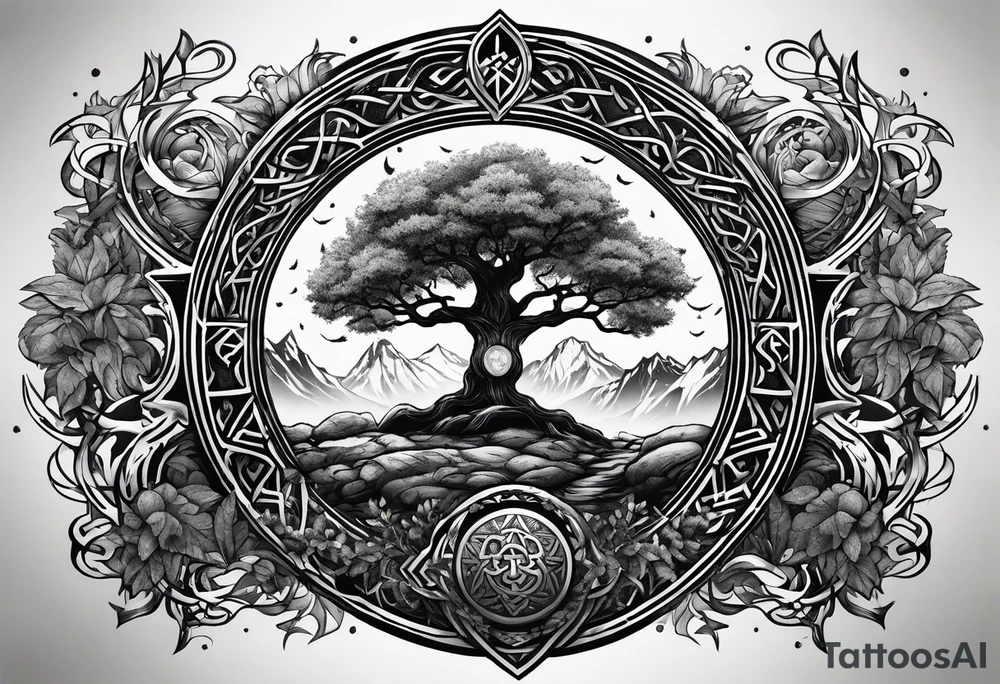 Yggdrasil and a long sword underneath surrounded by Nordic runes tattoo idea
