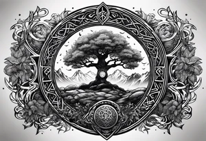 Yggdrasil and a long sword underneath surrounded by Nordic runes tattoo idea