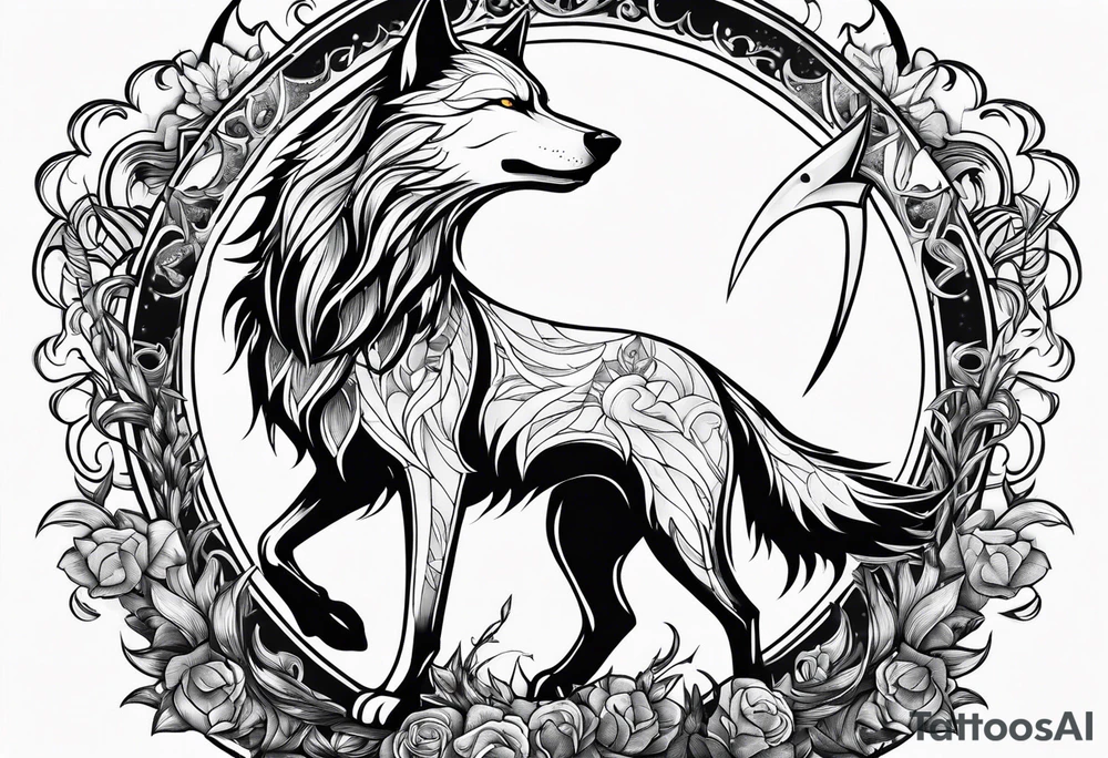 Scythe moon wolf tattoo idea