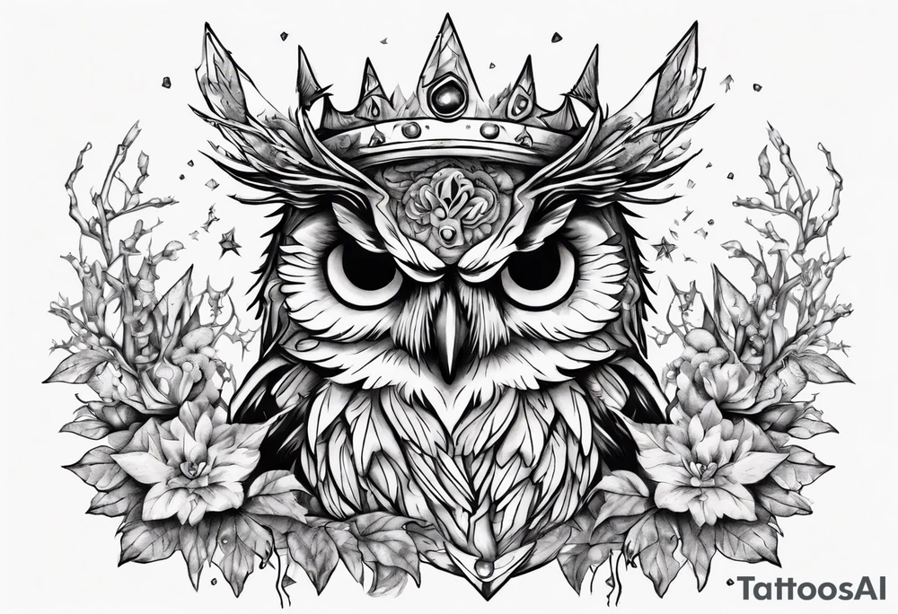 Demon crowned Owl surrounded by poisonous plants, crystals and astrology. tattoo idea