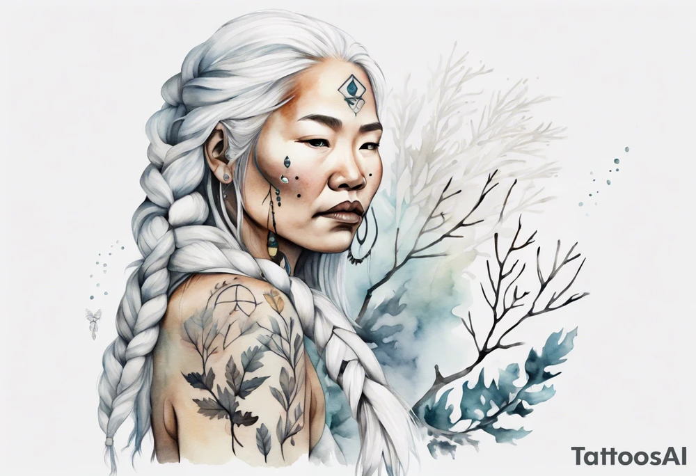 an Inuit woman with long white hair holding onto a white branch tattoo idea