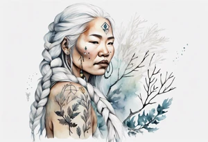an Inuit woman with long white hair holding onto a white branch tattoo idea