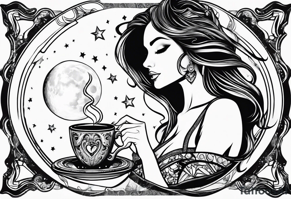 beautiful girl drinking coffee on the moon tattoo idea