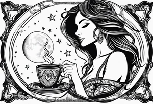 beautiful girl drinking coffee on the moon tattoo idea