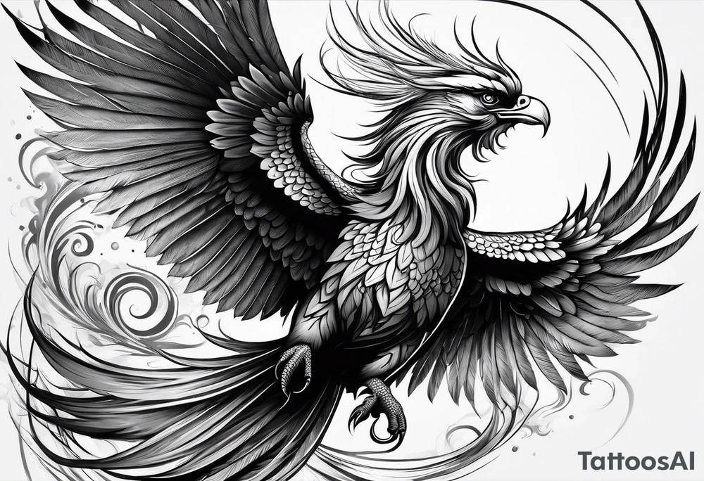 asian elegant long feathered phoenix
in flight tattoo idea