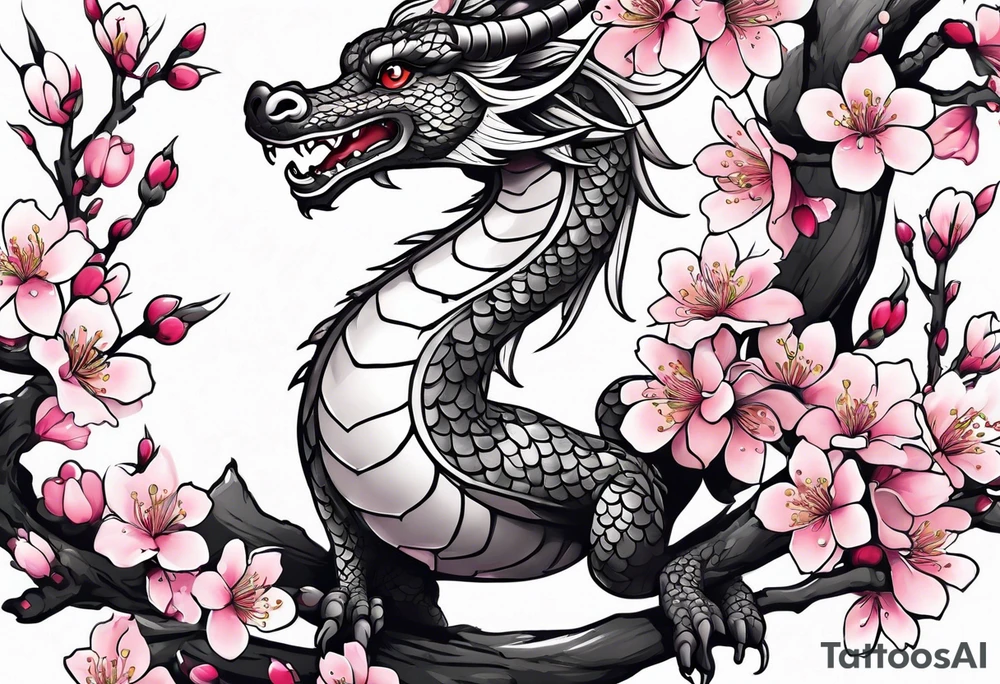 Single cherry blossom branch with small animated cute dragon tattoo idea