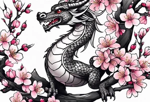 Single cherry blossom branch with small animated cute dragon tattoo idea