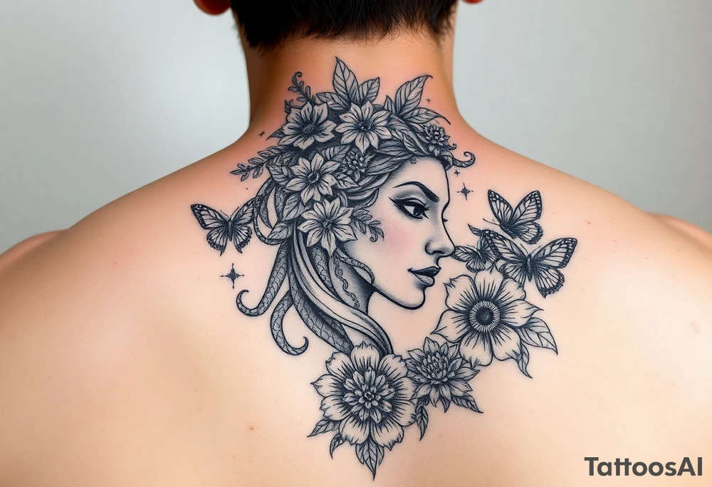 Side portrait of Medusa with flowers, butterflies 
and mandala tattoo idea