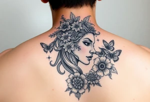 Side portrait of Medusa with flowers, butterflies 
and mandala tattoo idea