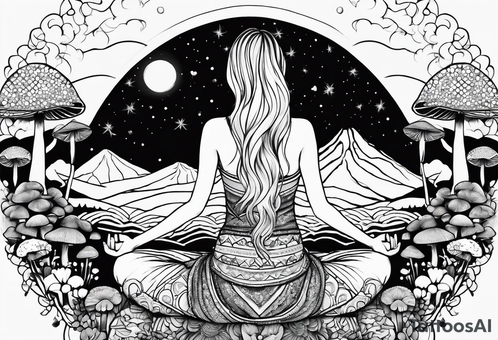 Straight blonde hair girl meditating facing away toward mountains surrounded by mushrooms crescent moon mandala circular design black and white striped dress tattoo idea