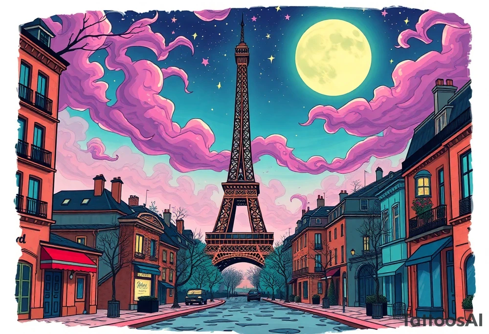 Tim Burton’s paris streets with effel tower from outside view is the street abandoned and dripping with muted reds, dusty pinks, and eerie green glow purple and cyan smokey clouds swirl and dance in the moonlit night sky filled with twinkling stars  tattoo idea tattoo idea