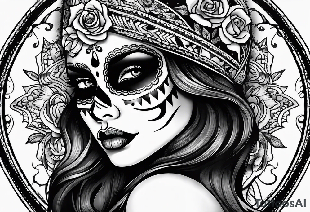 ghost, woman's face, day of the dead, zoomed out tattoo idea