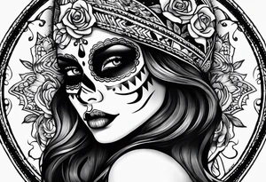 ghost, woman's face, day of the dead, zoomed out tattoo idea