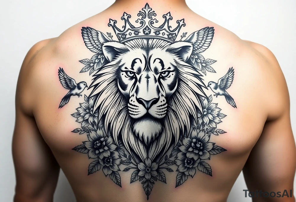 powerful majestic lion with a crown, surrounded by floral ornaments and birds tattoo idea
