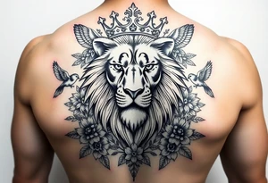 powerful majestic lion with a crown, surrounded by floral ornaments and birds tattoo idea