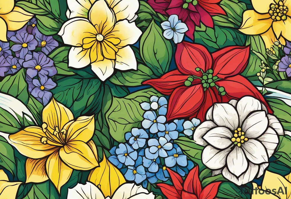 Hydrangea, Narcissus, Poinsettia, Holly, Gladiolus, Poppy, Daisy, Sweet Pea floral tattoo idea