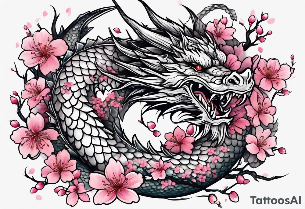 A dragon covered in cherry blossoms tattoo idea