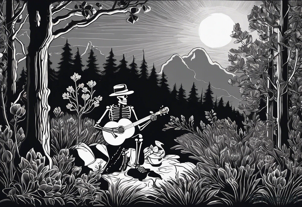 Foreground: The skeleton in a coal miner's hat, animatedly playing the banjo. The light from the campfire illuminates the skeleton and the nearby surroundings, casting intricate shadows.
Midground: The glowing campfire, with flames realistically designed in black and grey shades to emphasize movement and light.
Background: Subtle outlines and shading of rhododendron plants, giving a natural and dense feel to the woods. These can be stylized to blend seamlessly with the style of the tattoo.
Sky: A night sky speckled with stars, adding depth and a sense of time to the scene, with the stars providing a contrast against the dark sky. tattoo idea