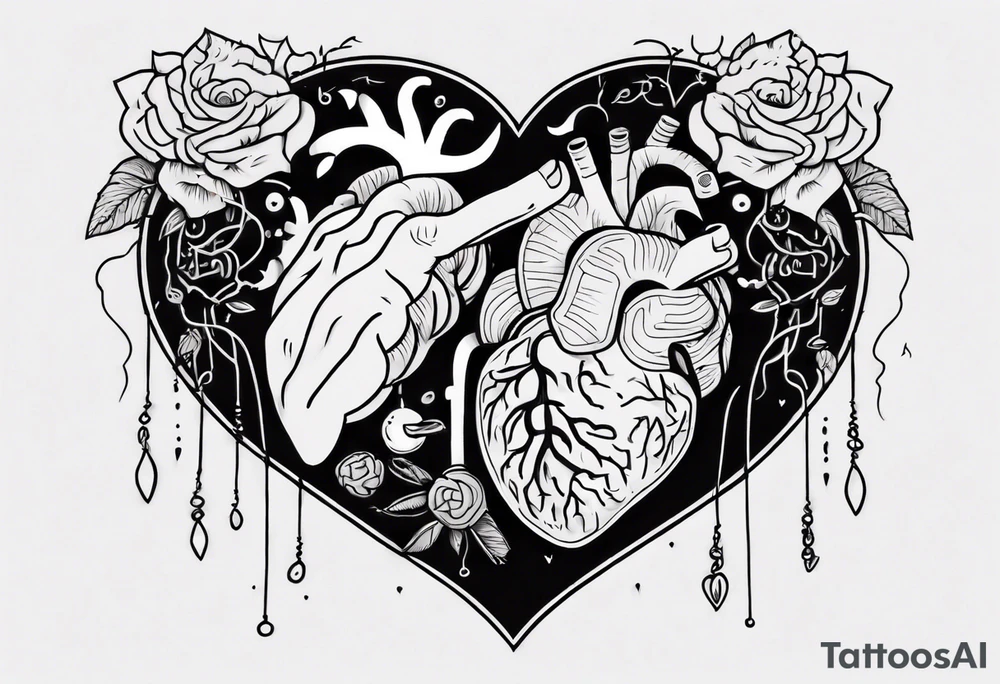 Heart and brain in line art, held down by a woman's hand holding them by string tattoo idea