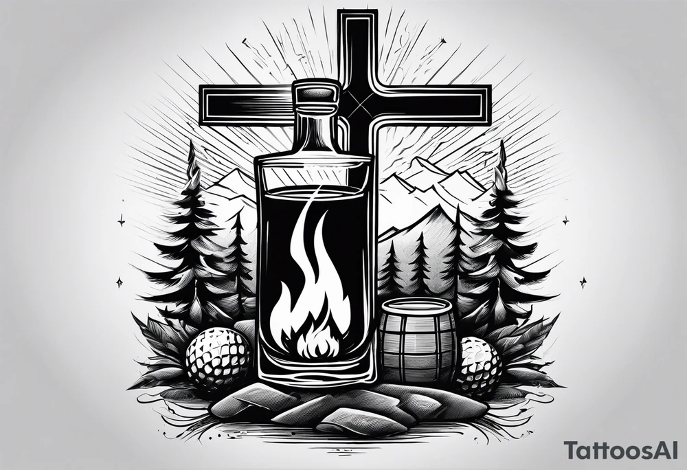 cross, campfire, golf , whiskey glass, cabin tattoo idea