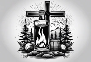 cross, campfire, golf , whiskey glass, cabin tattoo idea