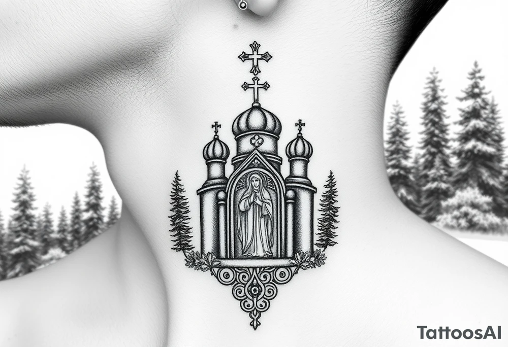 russian coat arms traditional christian orthodox cross with a virgin mary stood in the entrance of a russian orthodox dome church on the side of the neck in a wilderness setting tattoo idea