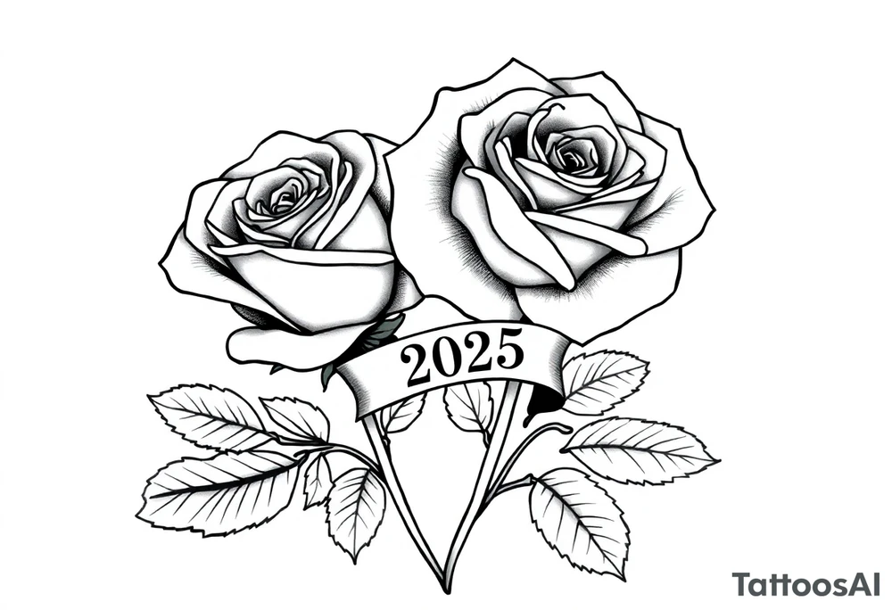 two beautiful large rose buds, one larger than the other, with lots and lots of leaves next to the rose buds, with one sitting slightly higher than the other, side-by-side.  Include a banner connecting the two roses with the year 2025 on it.   Use dark outlines with little shading. No stems tattoo idea