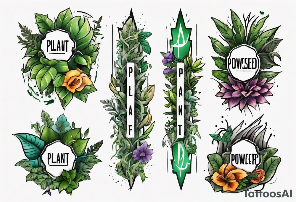 Arm band tattoo spelling ‘Plant Powered’ with plants tattoo idea