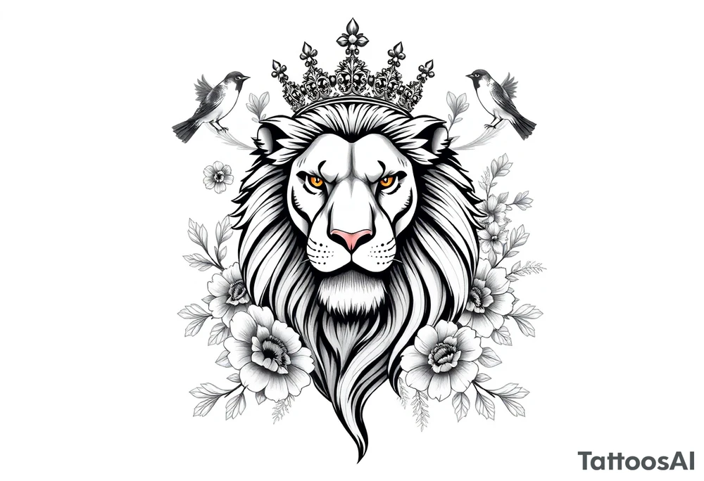 powerful majestic lion with a crown, surrounded by floral ornaments and birds tattoo idea