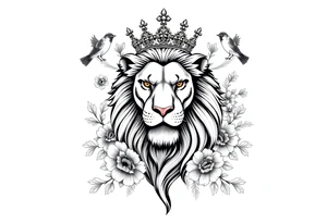 powerful majestic lion with a crown, surrounded by floral ornaments and birds tattoo idea