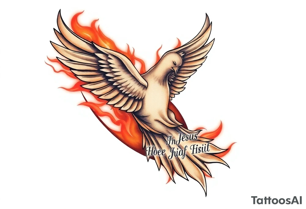 dove of fire with the names of Jesus and the Holy Spirit in English tattoo idea