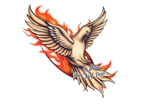 dove of fire with the names of Jesus and the Holy Spirit in English tattoo idea