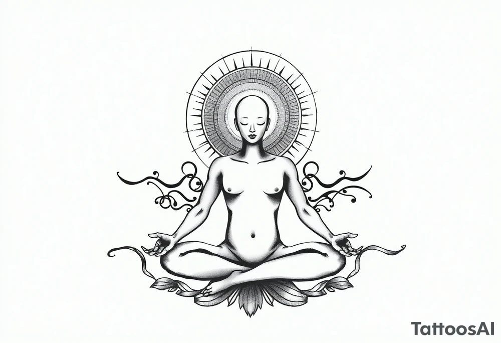 a figure - just a shadow /outline sitting in lotus position meditating based on the lyrics “doing time in the universal mind” by the doors - with a psychedelic trippy background that correlates to TIME as the meditation expands out from his head into the universe / cosmos tattoo idea