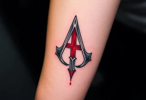 Assassins Creed logo with English flag and a sword with blood, no writing tattoo idea