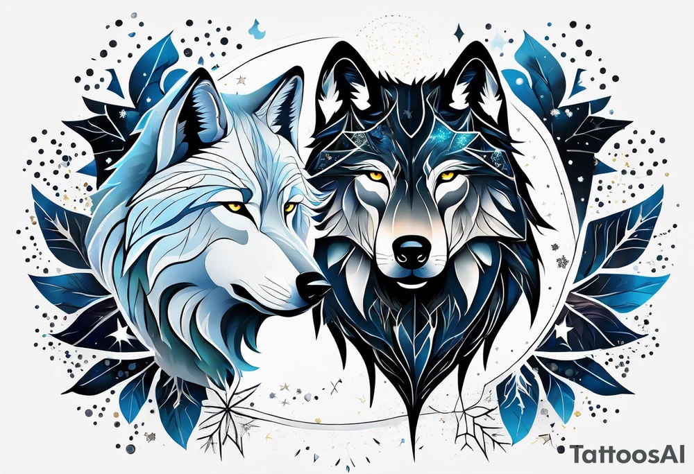Constellation, two animal wolf, snowflake tattoo idea