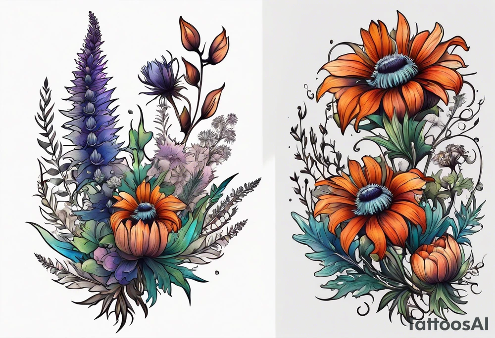 cascading wildflowers with thistles, ferns, burnt orange flowers all in color tattoo idea