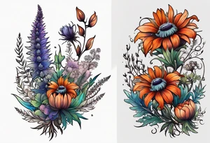 cascading wildflowers with thistles, ferns, burnt orange flowers all in color tattoo idea