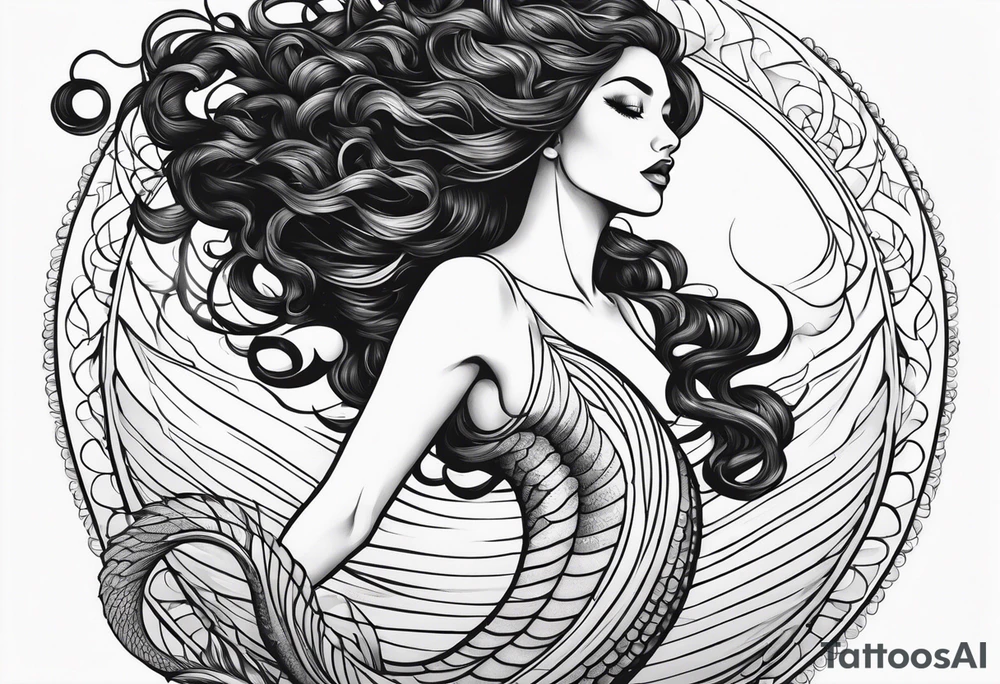 A siren with curly dark hair swimming upward reaching up, with a long tail tattoo idea