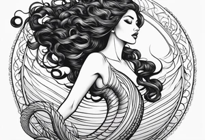 A siren with curly dark hair swimming upward reaching up, with a long tail tattoo idea