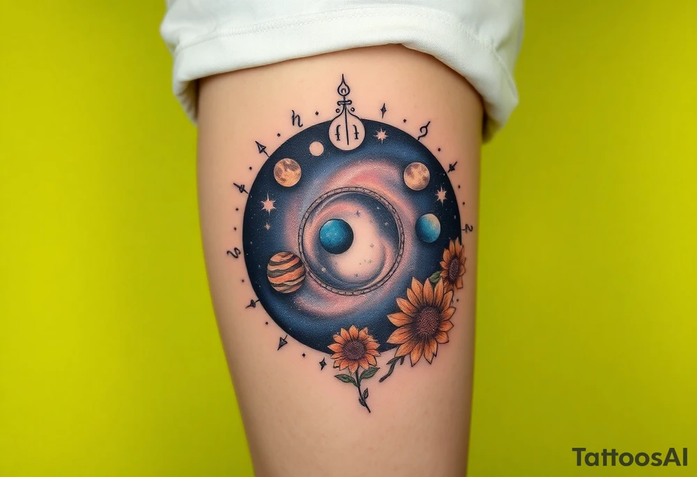 Milky way galaxy with planets with zodiac symbols and protection runes in it with tigerlillies roses and sunflowers tattoo idea