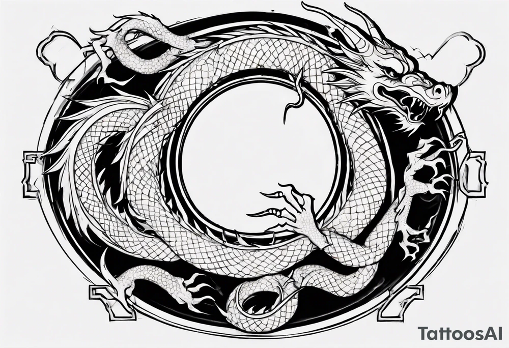Chinese dragon in a circular shape with "02.03" written on its skin tattoo idea